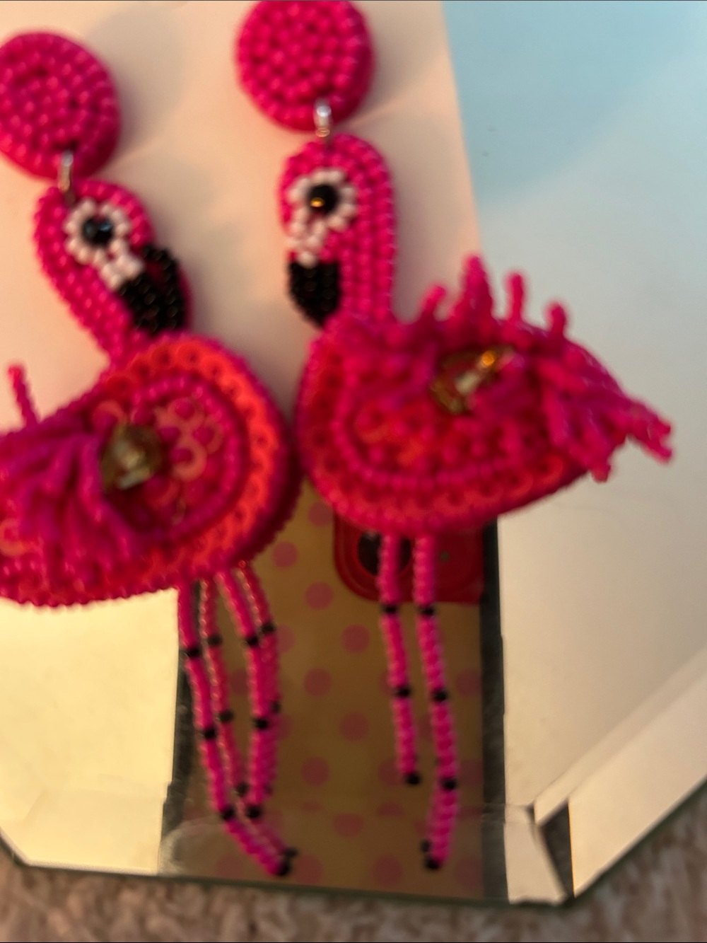 Handmade Beaded Flamingo & Colorful Parrot Statement Earrings - Pink, Multi - Picture 10 of 11